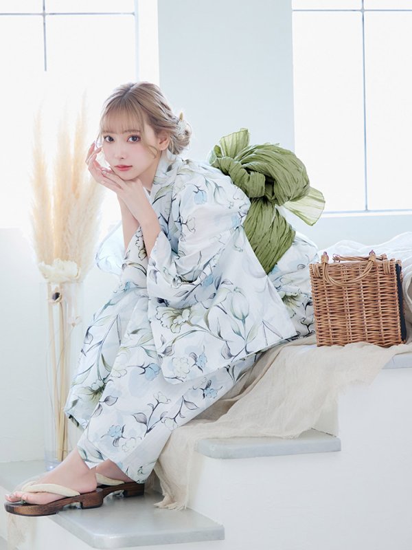 画像16: 【即日発送】水墨風イエロー×ブルー牡丹浴衣  (浴衣/帯/飾り紐/下駄4点セット)[YMT]