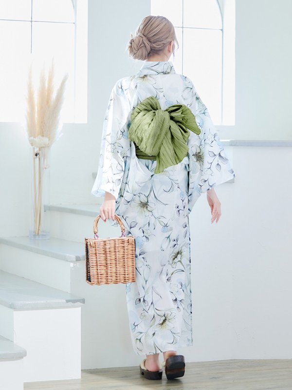 画像8: 【即日発送】水墨風イエロー×ブルー牡丹浴衣  (浴衣/帯/飾り紐/下駄4点セット)[YMT]