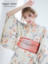【浴衣】クリーム地×グラデーションオレンジ椿浴衣  【浴衣３点セット 浴衣/帯/下駄】siwa-g204kj / Yhimo-GY×GY  / Yheko-W / CG-15-IV【YMT】