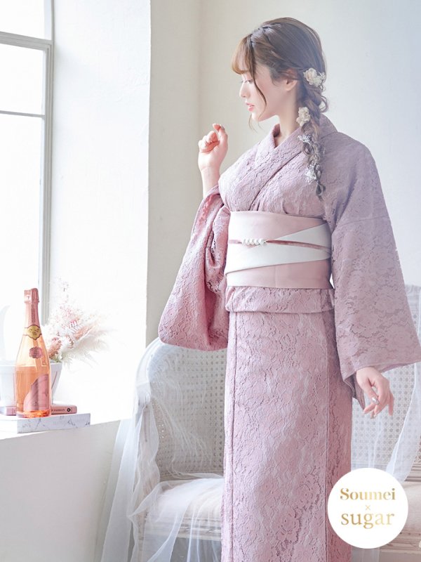 画像3: 【即日発送】ダスティピンクのレース浴衣  【浴衣３点セット 浴衣/帯/下駄】[YMT]