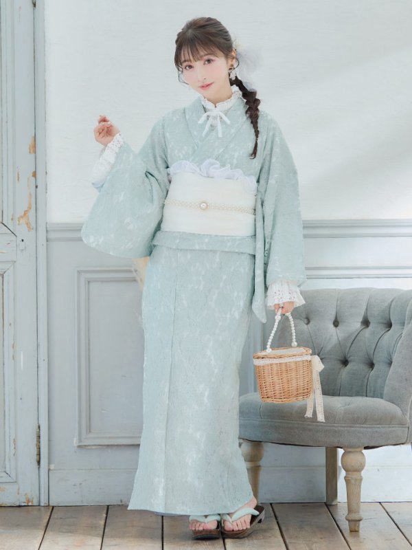 画像4: 【即日発送】ダスティーミントのレース浴衣  【浴衣３点セット 浴衣/帯/下駄】[YMT]