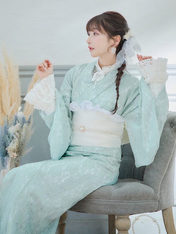 画像9: 【即日発送】ダスティーミントのレース浴衣  【浴衣３点セット 浴衣/帯/下駄】[YMT]