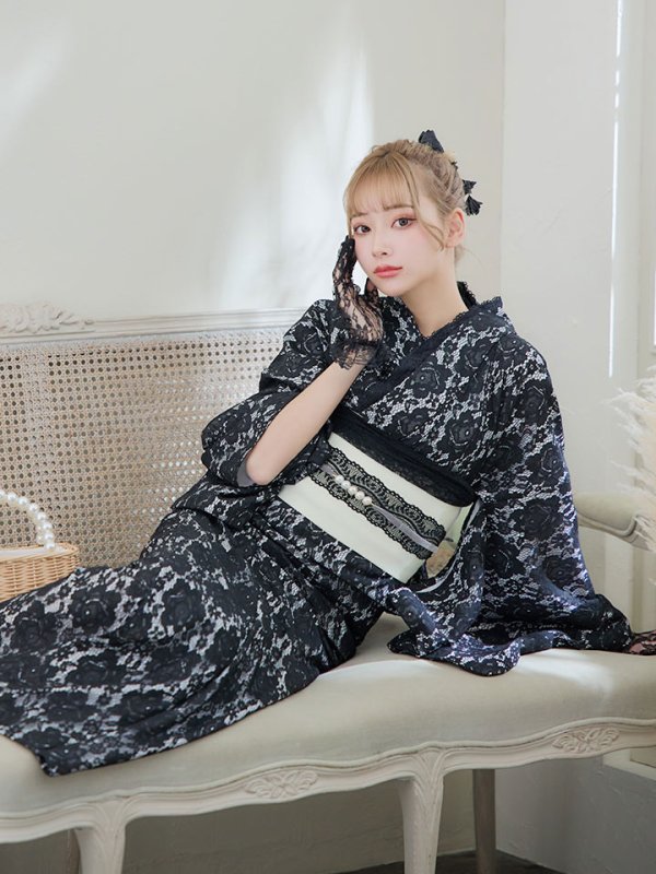 画像10: 【即日発送】ブラックレース浴衣  【浴衣３点セット 浴衣/帯/下駄】[YMT]