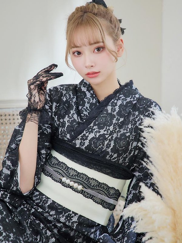 画像14: 【即日発送】ブラックレース浴衣  【浴衣３点セット 浴衣/帯/下駄】[YMT]