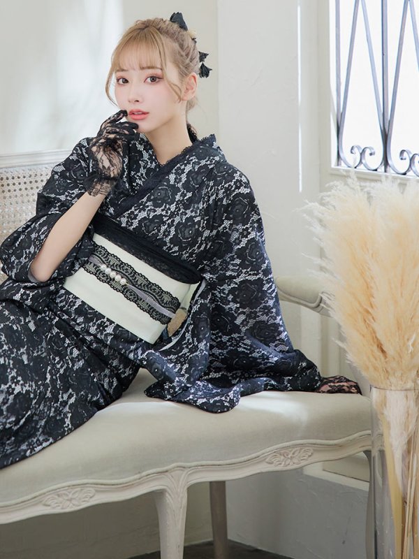 画像16: 【即日発送】ブラックレース浴衣  【浴衣３点セット 浴衣/帯/下駄】[YMT]