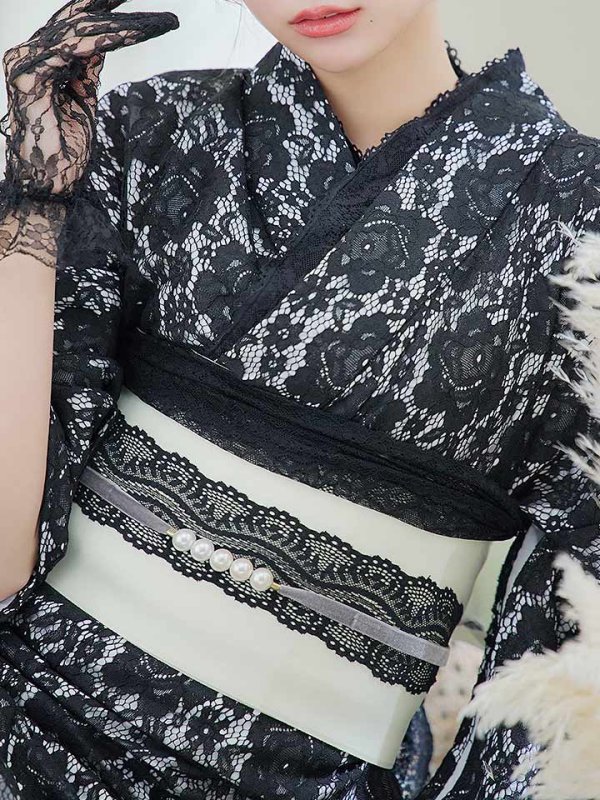 画像5: 【即日発送】ブラックレース浴衣  【浴衣３点セット 浴衣/帯/下駄】[YMT]