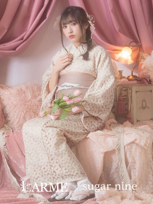 画像3: 【即日発送】くすみピンク地x小花レース浴衣  【浴衣３点セット 浴衣/帯/下駄】[YMT]