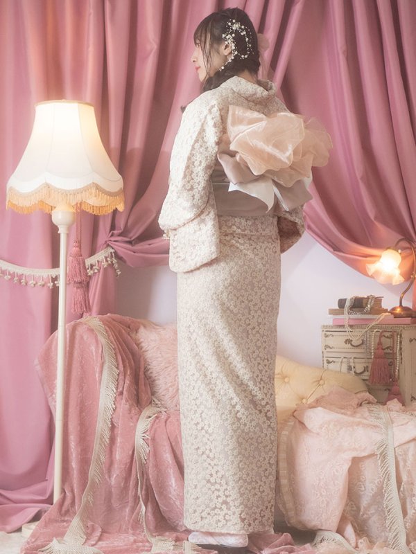 画像4: 【即日発送】くすみピンク地x小花レース浴衣  【浴衣３点セット 浴衣/帯/下駄】[YMT]