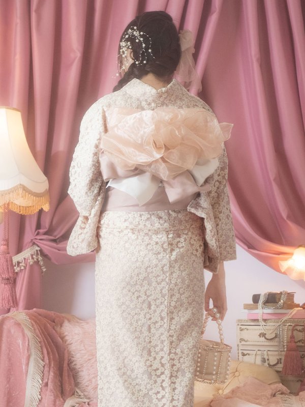 画像5: 【即日発送】くすみピンク地x小花レース浴衣  【浴衣３点セット 浴衣/帯/下駄】[YMT]