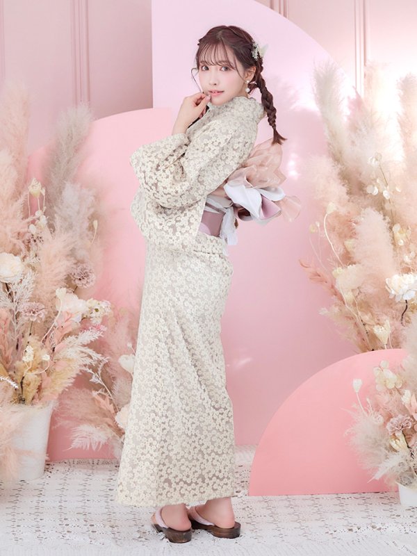 画像11: 【即日発送】くすみピンク地x小花レース浴衣  【浴衣３点セット 浴衣/帯/下駄】[YMT]