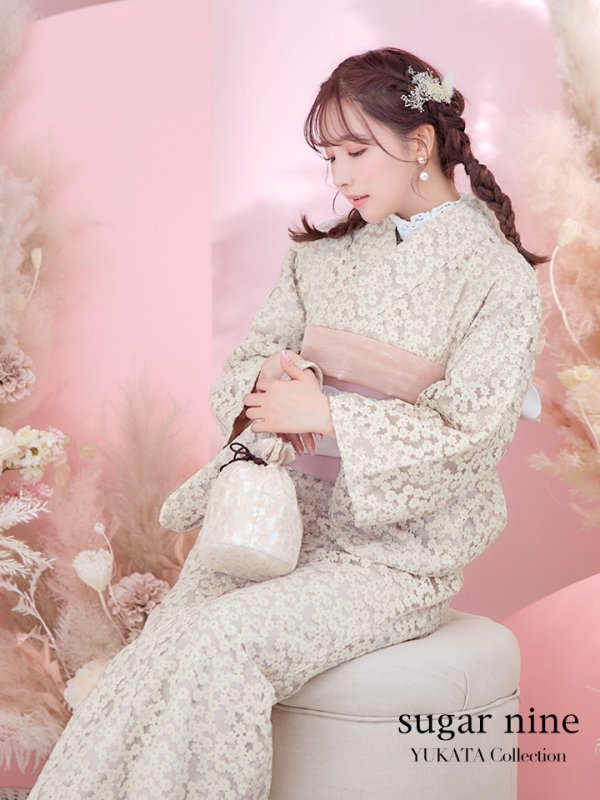 画像3: 【即日発送】くすみピンク地x小花レース浴衣  【浴衣３点セット 浴衣/帯/下駄】[YMT]