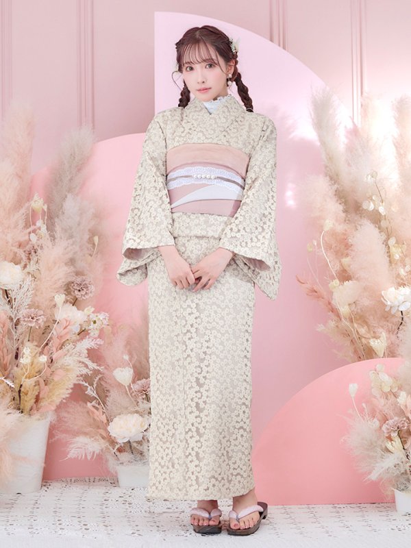 画像4: 【即日発送】くすみピンク地x小花レース浴衣  【浴衣３点セット 浴衣/帯/下駄】[YMT]