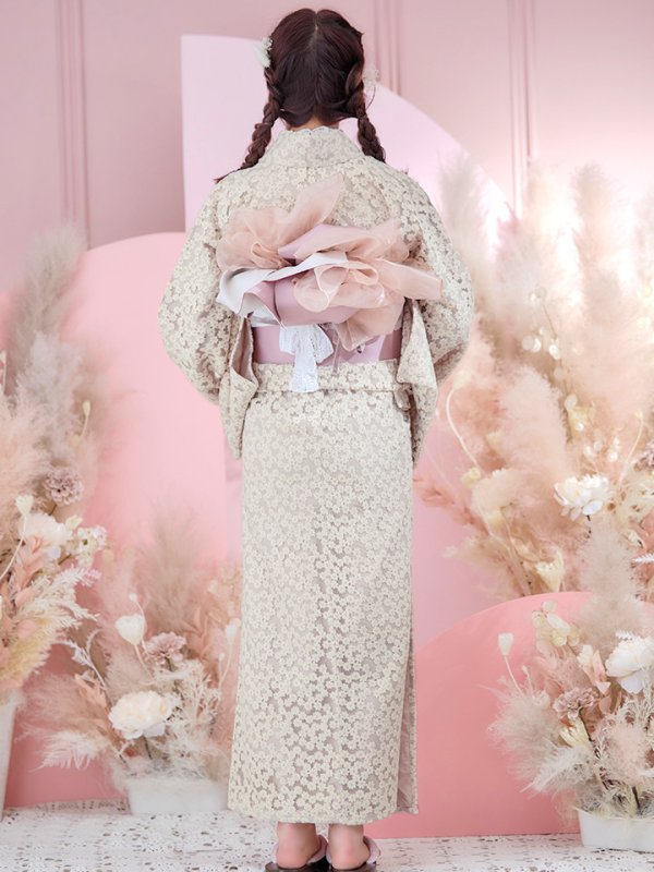 画像8: 【即日発送】くすみピンク地x小花レース浴衣  【浴衣３点セット 浴衣/帯/下駄】[YMT]