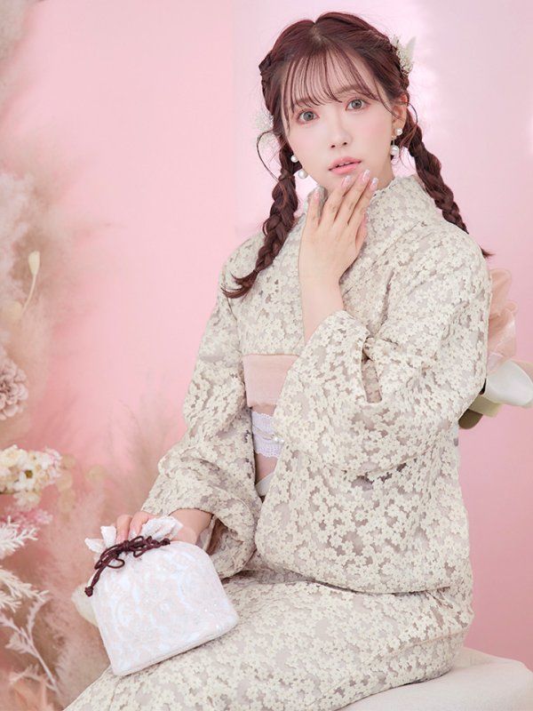 画像9: 【即日発送】くすみピンク地x小花レース浴衣  【浴衣３点セット 浴衣/帯/下駄】[YMT]