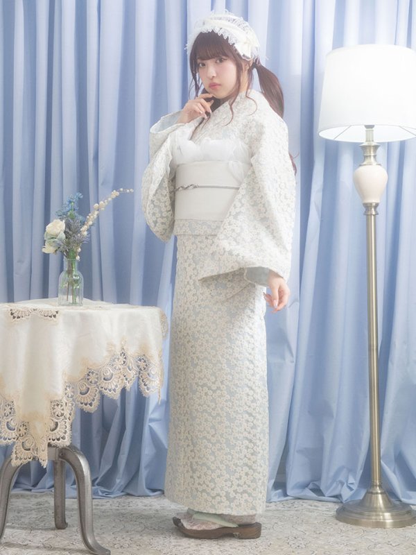 画像4: 【即日発送】【浴衣セール！】くすみブルー地x小花レース浴衣  【浴衣３点セット 浴衣/帯/下駄】)[YMT]