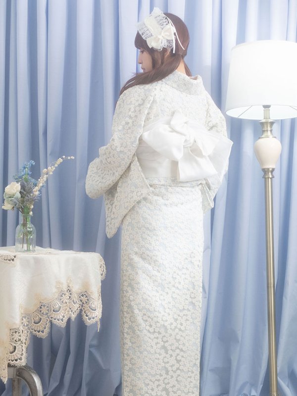 画像7: 【即日発送】【浴衣セール！】くすみブルー地x小花レース浴衣  【浴衣３点セット 浴衣/帯/下駄】)[YMT]