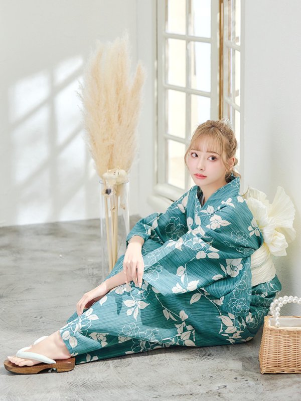 画像9: 【即日発送】アクアブルー椿浴衣【浴衣３点セット 浴衣/帯/下駄】[YMT]