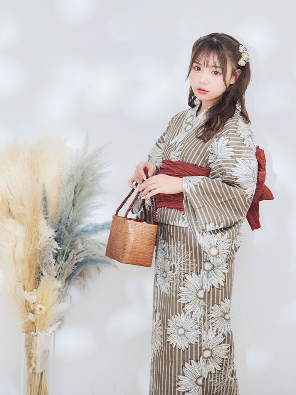 画像11: 【即日発送】ブラウンストライプにガーベラの花浴衣【浴衣３点セット 浴衣/帯/下駄】[YMT]