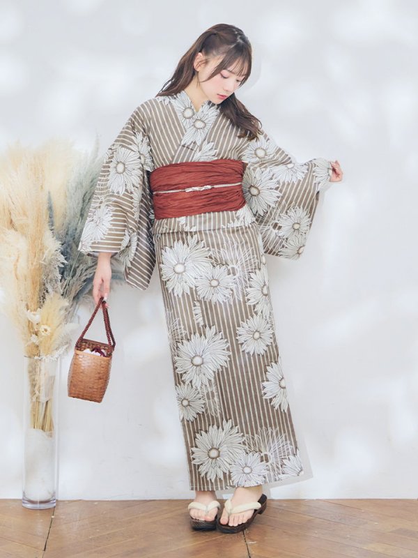 画像4: 【即日発送】ブラウンストライプにガーベラの花浴衣【浴衣３点セット 浴衣/帯/下駄】[YMT]