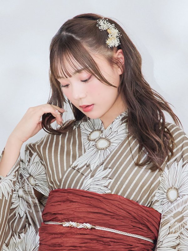 画像6: 【即日発送】ブラウンストライプにガーベラの花浴衣【浴衣３点セット 浴衣/帯/下駄】[YMT]