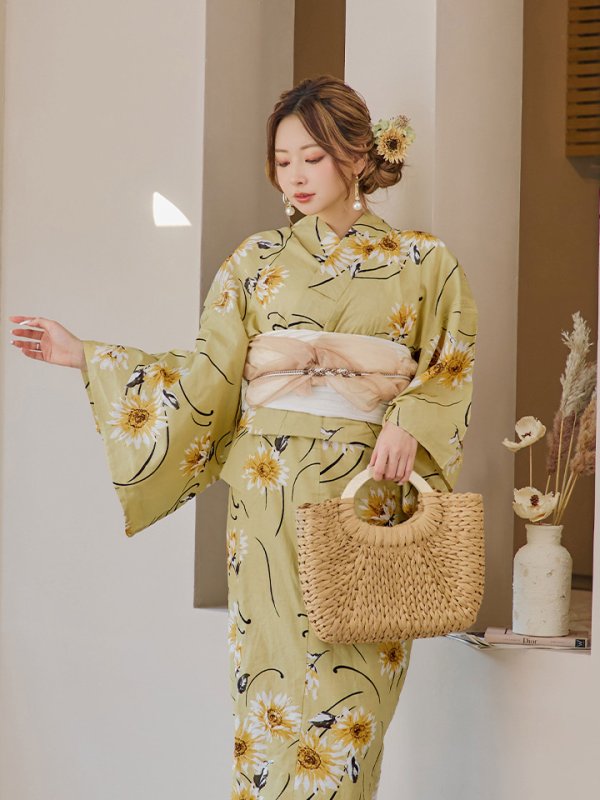 画像10: 【即日発送】くすみイエローマーガレット浴衣  【浴衣３点セット 浴衣/帯/下駄】[YMT]