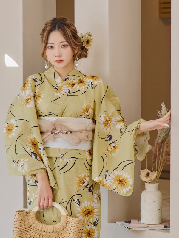 画像3: 【即日発送】くすみイエローマーガレット浴衣  【浴衣３点セット 浴衣/帯/下駄】[YMT]