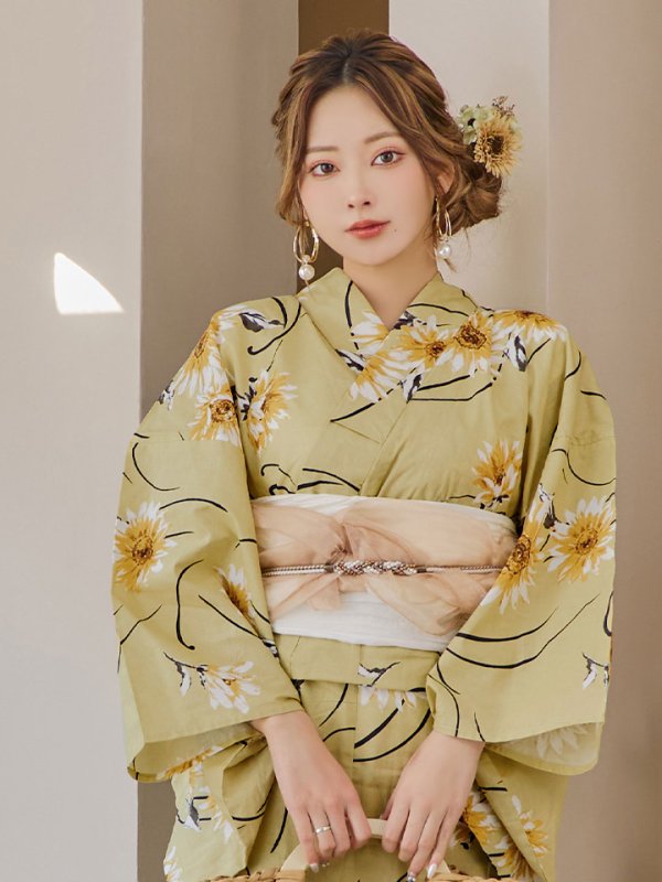 画像5: 【即日発送】くすみイエローマーガレット浴衣  【浴衣３点セット 浴衣/帯/下駄】[YMT]