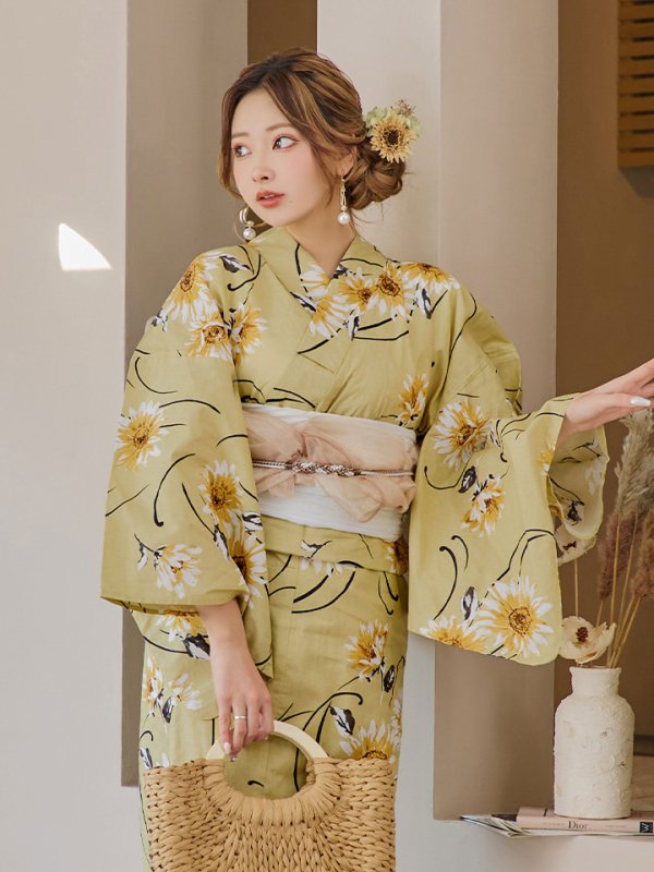 画像7: 【即日発送】くすみイエローマーガレット浴衣  【浴衣３点セット 浴衣/帯/下駄】[YMT]