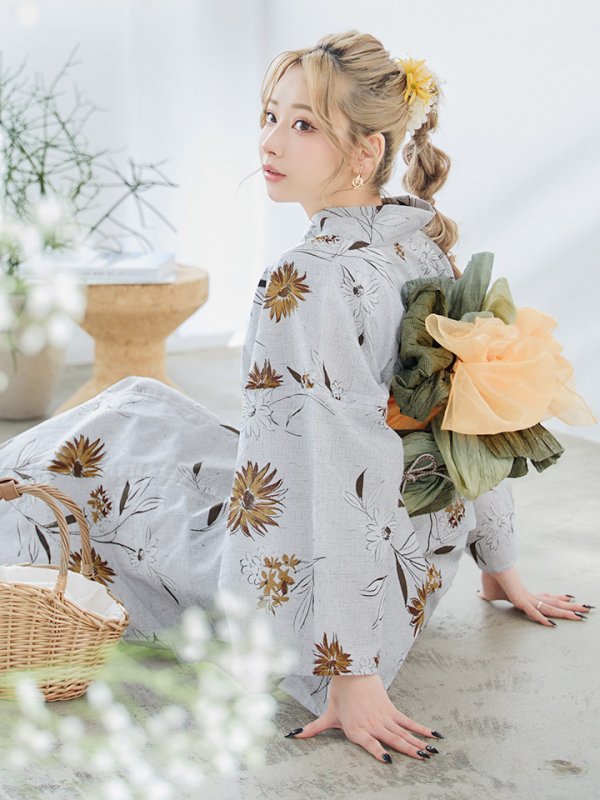 画像13: 【即日発送】グレー地×マーガレット浴衣  【浴衣３点セット 浴衣/帯/下駄】[YMT]