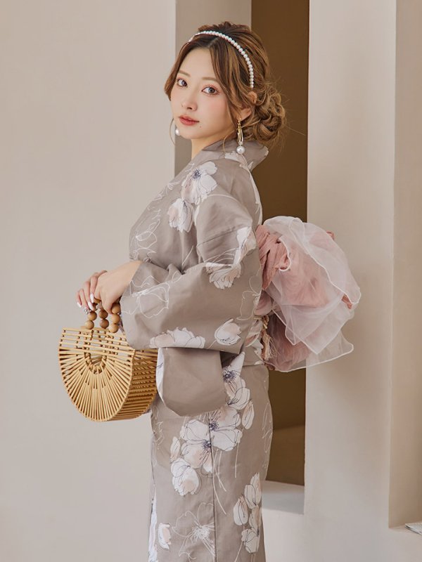 画像11: 【即日発送】グレージュ線画フラワー浴衣  【浴衣３点セット 浴衣/帯/下駄】[YMT]