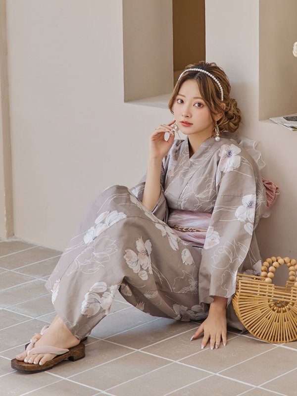 画像13: 【即日発送】グレージュ線画フラワー浴衣  【浴衣３点セット 浴衣/帯/下駄】[YMT]