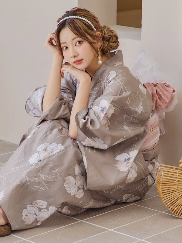 画像15: 【即日発送】グレージュ線画フラワー浴衣  【浴衣３点セット 浴衣/帯/下駄】[YMT]