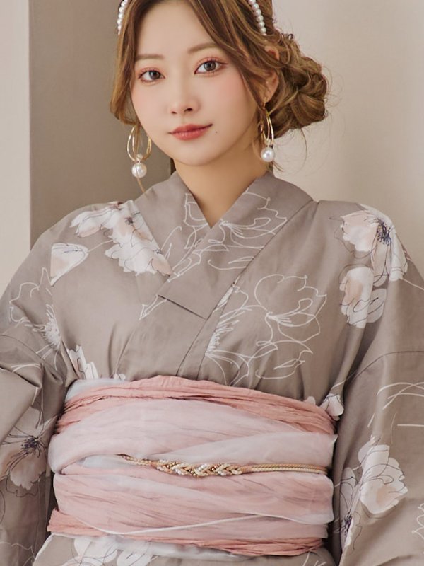 画像18: 【即日発送】グレージュ線画フラワー浴衣  【浴衣３点セット 浴衣/帯/下駄】[YMT]