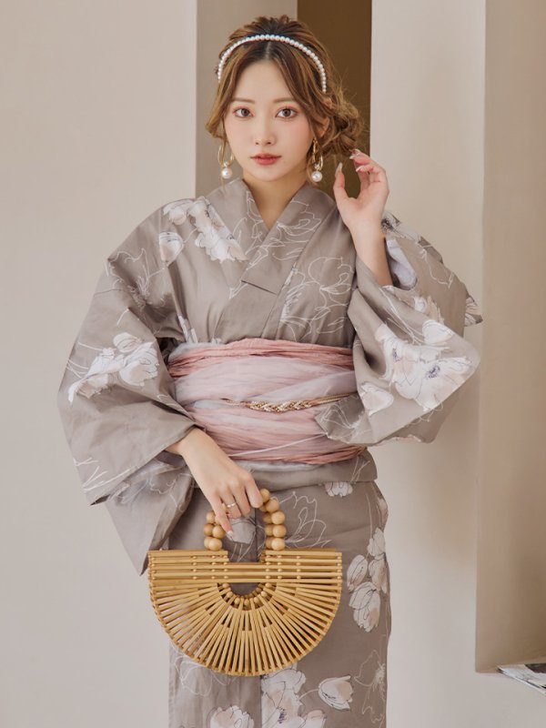 画像3: 【即日発送】グレージュ線画フラワー浴衣  【浴衣３点セット 浴衣/帯/下駄】[YMT]