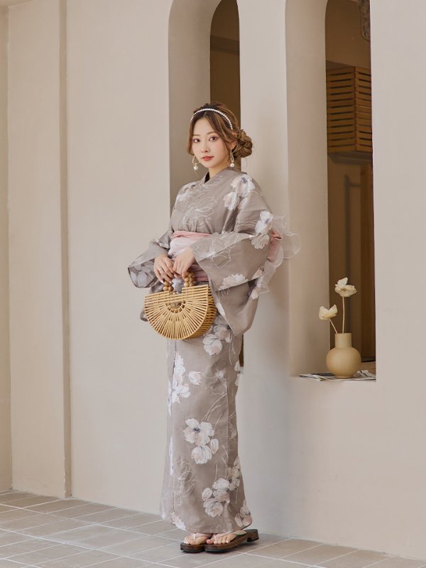 画像5: 【即日発送】グレージュ線画フラワー浴衣  【浴衣３点セット 浴衣/帯/下駄】[YMT]