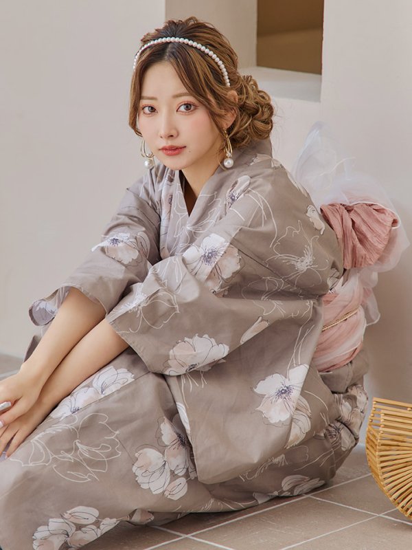 画像8: 【即日発送】グレージュ線画フラワー浴衣  【浴衣３点セット 浴衣/帯/下駄】[YMT]