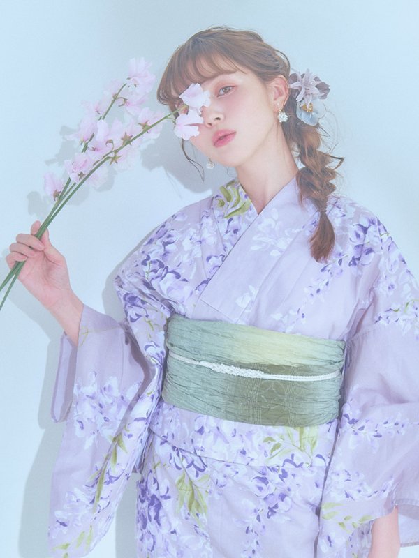 画像2: 【即日発送】くすみパープル藤の花浴衣  【浴衣３点セット 浴衣/帯/下駄】OBI-g-500-kj-6-GR / HIMO-900-yn-5-IV / HEKO-800-sb-5-W / YA-1029-wk-MVPL / GETA-01-kj-7-P[YMT]