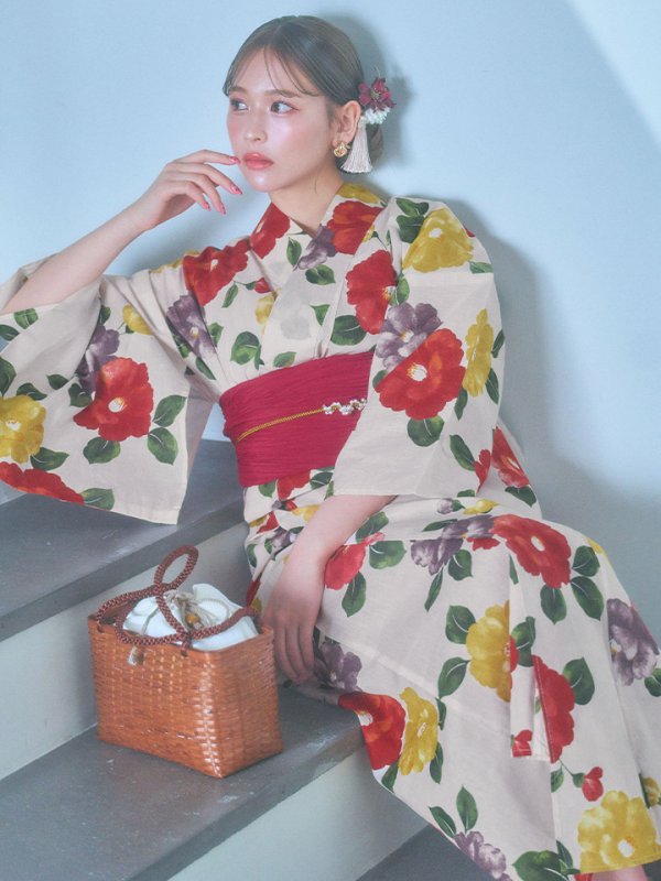 画像10: 【即日発送】モダン椿浴衣  【浴衣３点セット 浴衣/帯/下駄】[YMT]