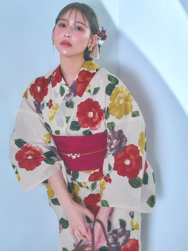 画像2: 【即日発送】モダン椿浴衣  【浴衣３点セット 浴衣/帯/下駄】OBI-siwa-202-ok-10-R / HIMO-902-kj-2-MUS / HEKO-800-sb-5-W / YA-1026-kn-R / GETA-02-ok-7-R[YMT]