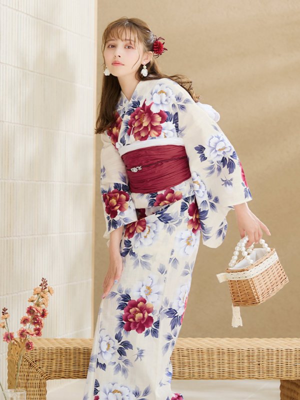 画像11: 【即日発送】ホワイト×レッド牡丹浴衣  【浴衣３点セット 浴衣/帯/下駄】[OF04]