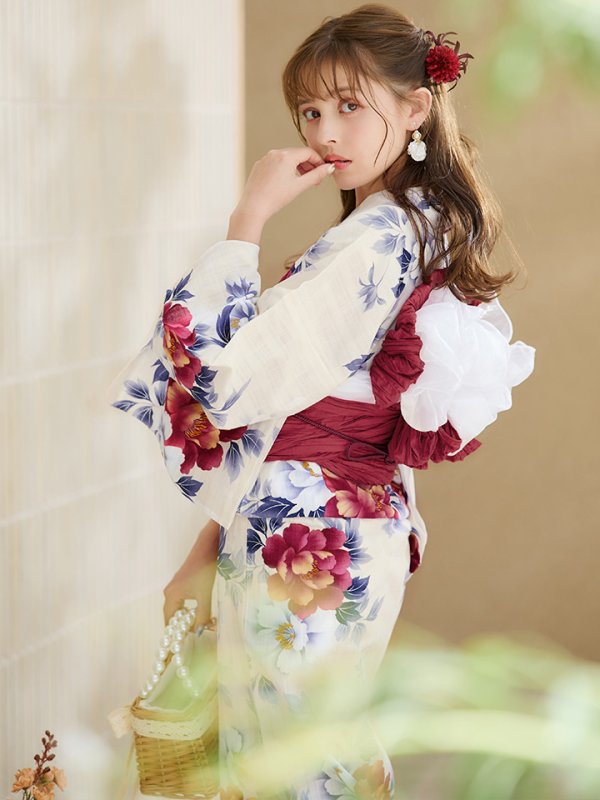 画像12: 【即日発送】ホワイト×レッド牡丹浴衣  【浴衣３点セット 浴衣/帯/下駄】[OF04]