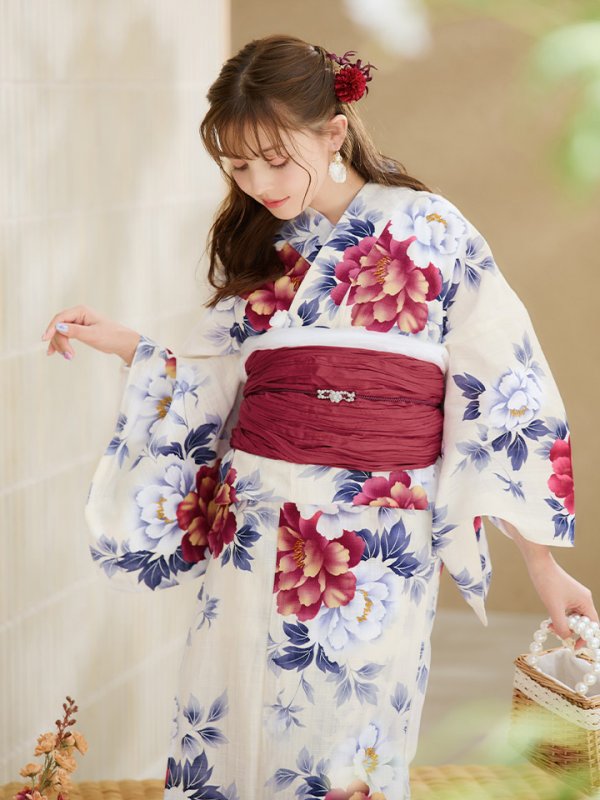 画像13: 【即日発送】ホワイト×レッド牡丹浴衣  【浴衣３点セット 浴衣/帯/下駄】[OF04]