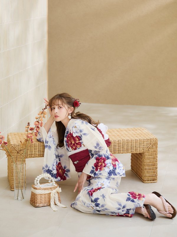 画像15: 【即日発送】ホワイト×レッド牡丹浴衣  【浴衣３点セット 浴衣/帯/下駄】[OF04]