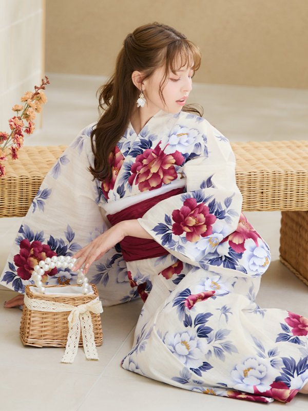 画像19: 【即日発送】ホワイト×レッド牡丹浴衣  【浴衣３点セット 浴衣/帯/下駄】[OF04]