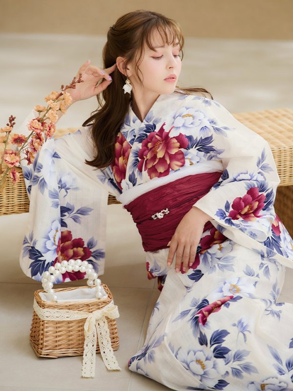 画像20: 【即日発送】ホワイト×レッド牡丹浴衣  【浴衣３点セット 浴衣/帯/下駄】[OF04]