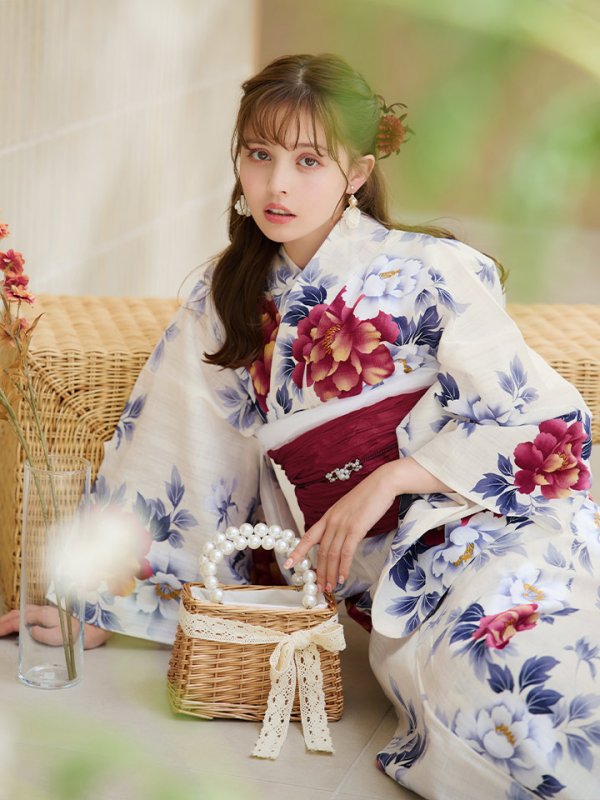 画像21: 【即日発送】ホワイト×レッド牡丹浴衣  【浴衣３点セット 浴衣/帯/下駄】[OF04]