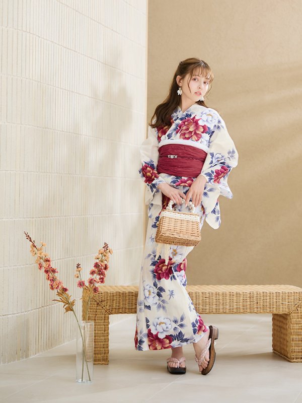 画像6: 【即日発送】ホワイト×レッド牡丹浴衣  【浴衣３点セット 浴衣/帯/下駄】[OF04]