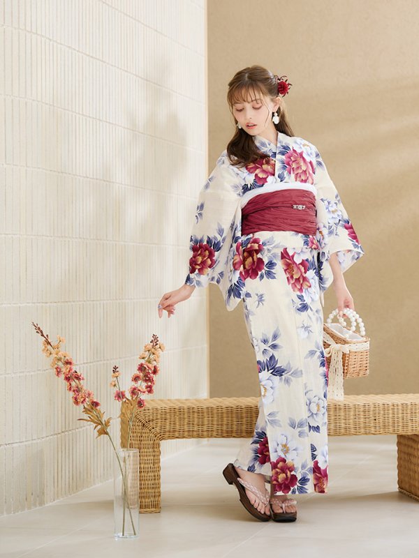 画像8: 【即日発送】ホワイト×レッド牡丹浴衣  【浴衣３点セット 浴衣/帯/下駄】[OF04]