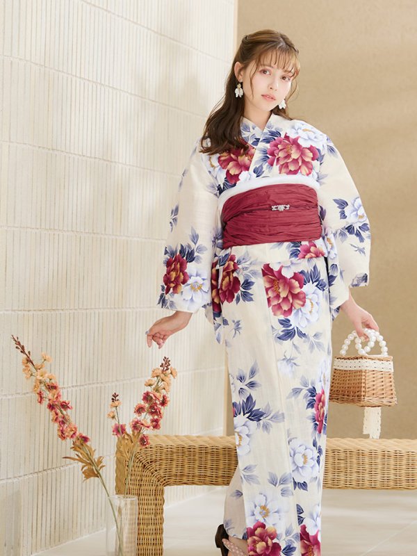 画像9: 【即日発送】ホワイト×レッド牡丹浴衣  【浴衣３点セット 浴衣/帯/下駄】[OF04]