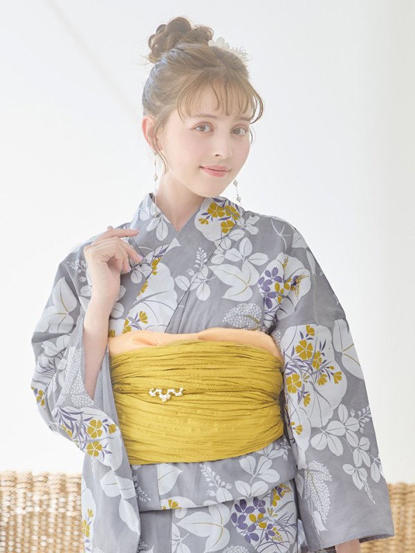 画像10: 【即日発送】グレー×フラワー浴衣  【浴衣３点セット 浴衣/帯/下駄】[YMT]